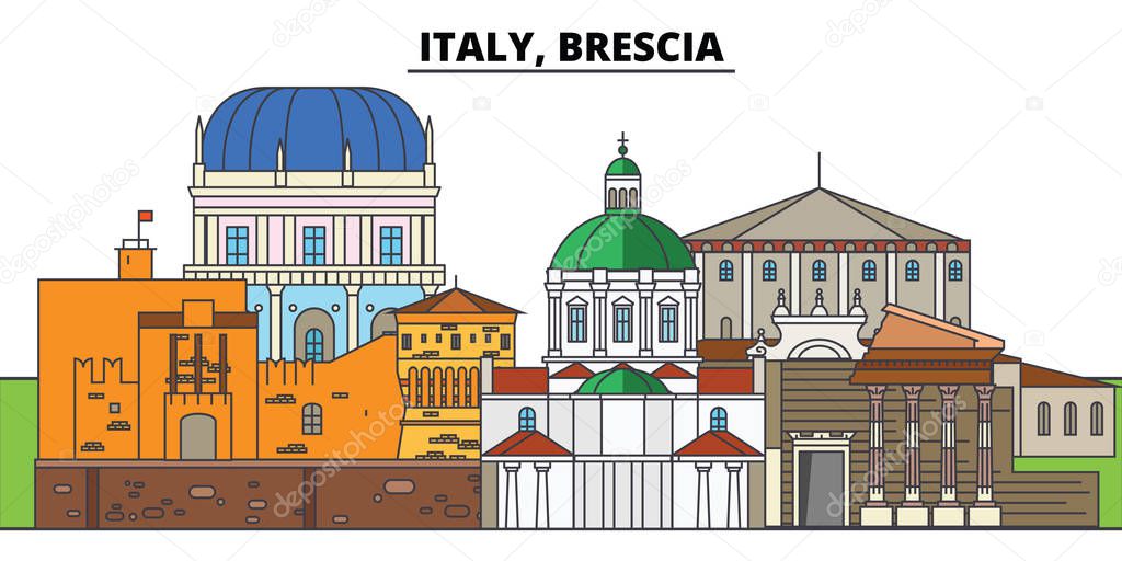 Italy, Brescia. City skyline, architecture, buildings, streets, silhouette, landscape, panorama, landmarks. Editable strokes. Flat design line vector illustration concept. Isolated icons