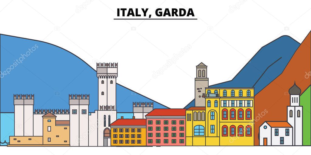 Italy, Garda. City skyline, architecture, buildings, streets, silhouette, landscape, panorama, landmarks. Editable strokes. Flat design line vector illustration concept. Isolated icons