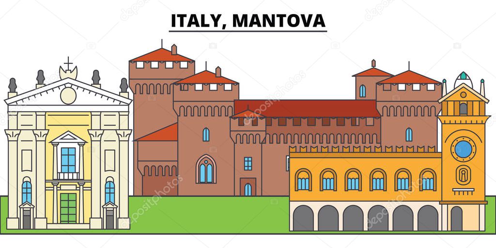 Italy, Mantova. City skyline, architecture, buildings, streets, silhouette, landscape, panorama, landmarks. Editable strokes. Flat design line vector illustration concept. Isolated icons