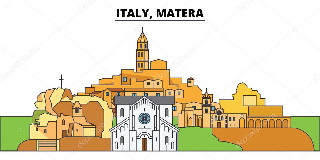 Italy, Matera. City skyline, architecture, buildings, streets, silhouette, landscape, panorama, landmarks. Editable strokes. Flat design line vector illustration concept. Isolated icons