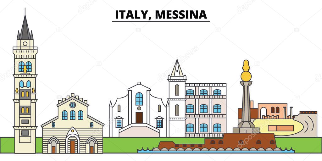 Italy, Messina. City skyline, architecture, buildings, streets, silhouette, landscape, panorama, landmarks. Editable strokes. Flat design line vector illustration concept. Isolated icons