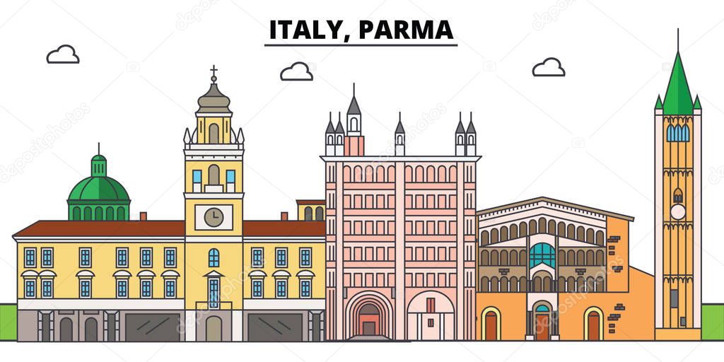 Italy, Parma. City skyline, architecture, buildings, streets, silhouette, landscape, panorama, landmarks. Editable strokes. Flat design line vector illustration concept. Isolated icons