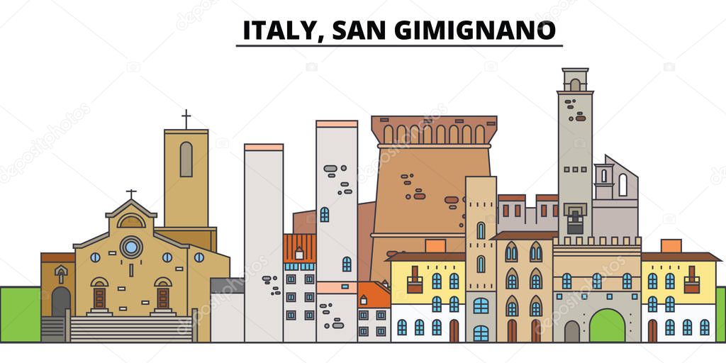 Italy, San Gimignano. City skyline, architecture, buildings, streets, silhouette, landscape, panorama, landmarks. Editable strokes. Flat design line vector illustration concept. Isolated icons
