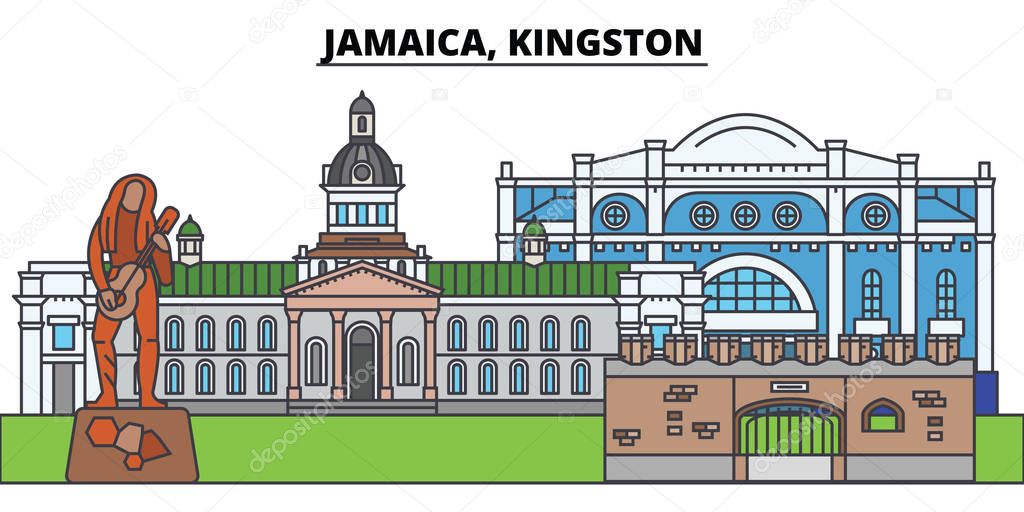 Jamaica, Kingston. City skyline, architecture, buildings, streets, silhouette, landscape, panorama, landmarks, icons. Editable strokes. Flat design line vector illustration concept