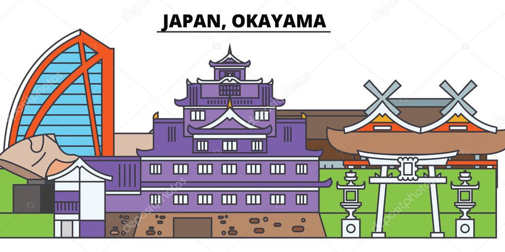 Japan, Okayama. City skyline, architecture, buildings, streets, silhouette, landscape, panorama, landmarks. Editable strokes. Flat design line vector illustration concept. Isolated icons