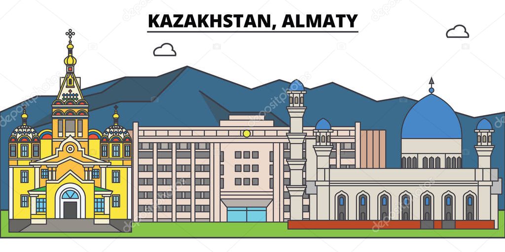 Kazakhstan, Almaty. City skyline, architecture, buildings, streets, silhouette, landscape, panorama, landmarks. Editable strokes. Flat design line vector illustration concept. Isolated icons