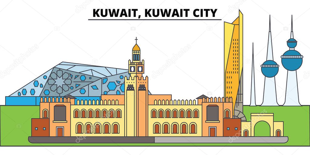 Kuwait, Kuwait City. City skyline, architecture, buildings, streets, silhouette, landscape, panorama, landmarks. Editable strokes. Flat design line vector illustration concept. Isolated icons