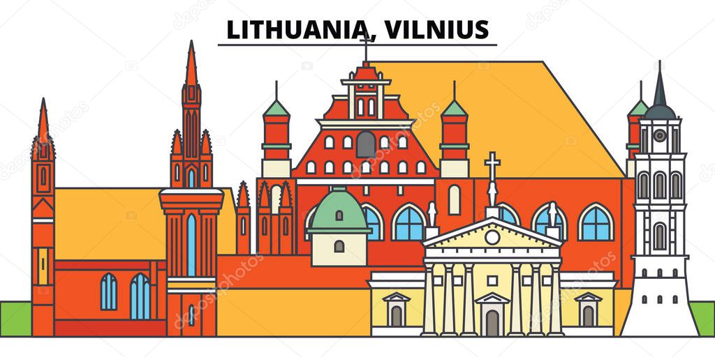 Lithuania, Vilnius. City skyline, architecture, buildings, streets, silhouette, landscape, panorama, landmarks. Editable strokes. Flat design line vector illustration concept. Isolated icons