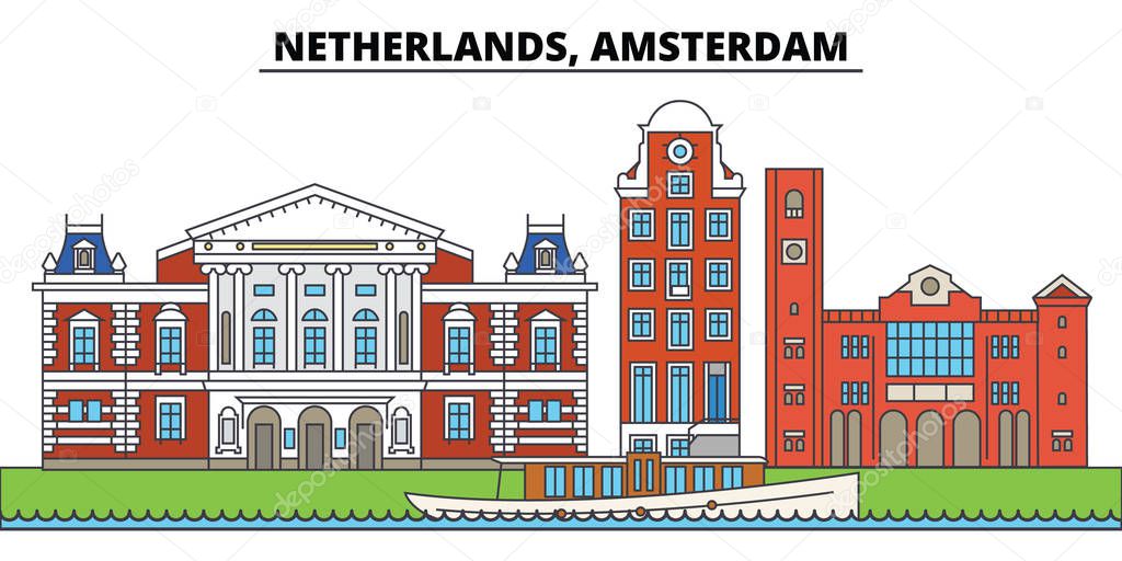 Netherlands, Amsterdam. City skyline, architecture, buildings, streets, silhouette, landscape, panorama, landmarks. Editable strokes. Flat design line vector illustration concept. Isolated icons