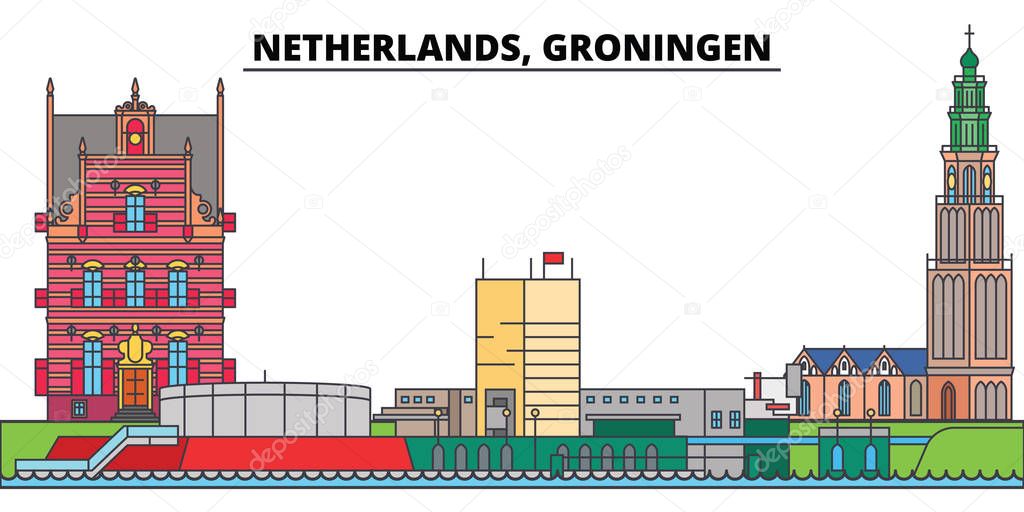 Netherlands, Groningen. City skyline, architecture, buildings, streets, silhouette, landscape, panorama, landmarks, icons. Editable strokes. Flat design line vector illustration concept