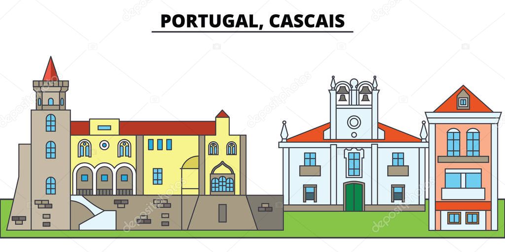 Portugal, Cascais. City skyline, architecture, buildings, streets, silhouette, landscape, panorama, landmarks, icons. Editable strokes. Flat design line vector illustration concept