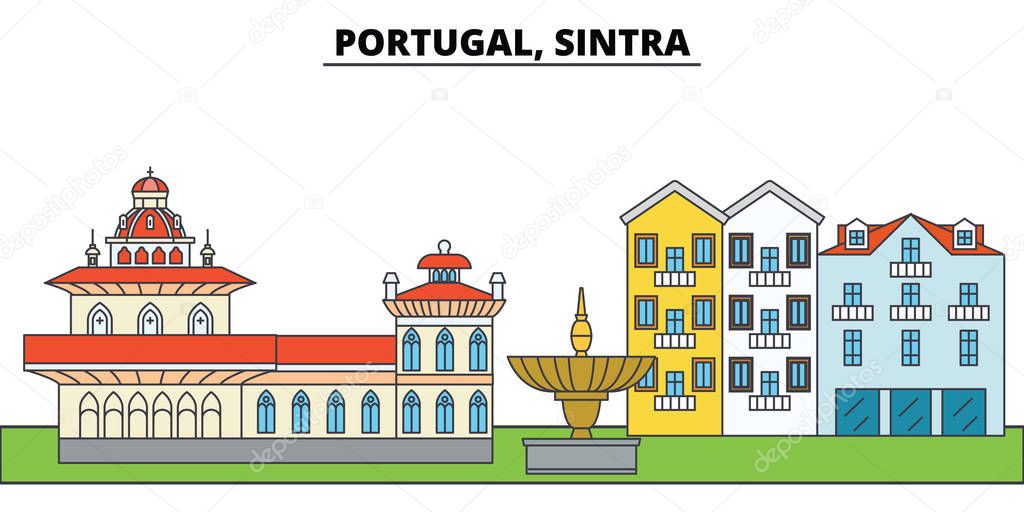 Portugal, Sintra. City skyline, architecture, buildings, streets, silhouette, landscape, panorama, landmarks, icons. Editable strokes. Flat design line vector illustration concept