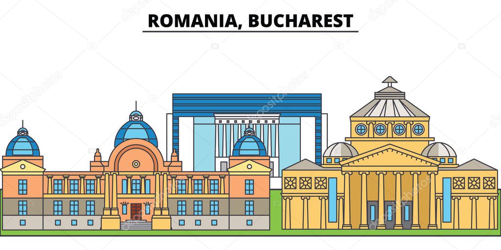 Romania, Bucharest. City skyline, architecture, buildings, streets, silhouette, landscape, panorama, landmarks. Editable strokes. Flat design line vector illustration concept. Isolated icons