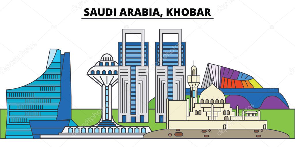Saudi Arabia, Khobar. City skyline, architecture, buildings, streets, silhouette, landscape, panorama, landmarks, icons. Editable strokes. Flat design line vector illustration concept