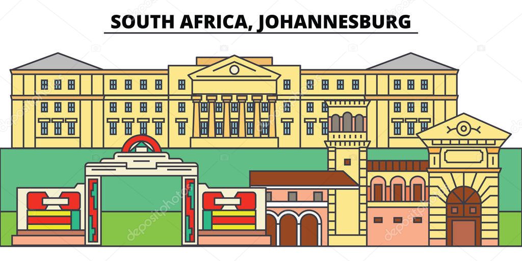 South Africa, Johannesburg. City skyline, architecture, buildings, streets, silhouette, landscape, panorama, landmarks. Editable strokes. Flat design line vector illustration concept. Isolated icons
