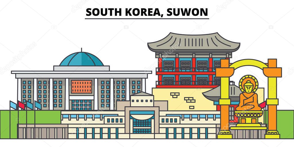 South Korea, Suwon. City skyline, architecture, buildings, streets, silhouette, landscape, panorama, landmarks, icons. Editable strokes. Flat design line vector illustration concept