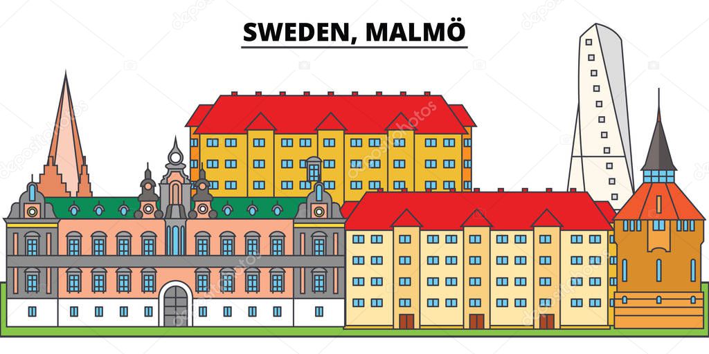 Sweden, Malmo. City skyline, architecture, buildings, streets, silhouette, landscape, panorama, landmarks, icons. Editable strokes. Flat design line vector illustration concept