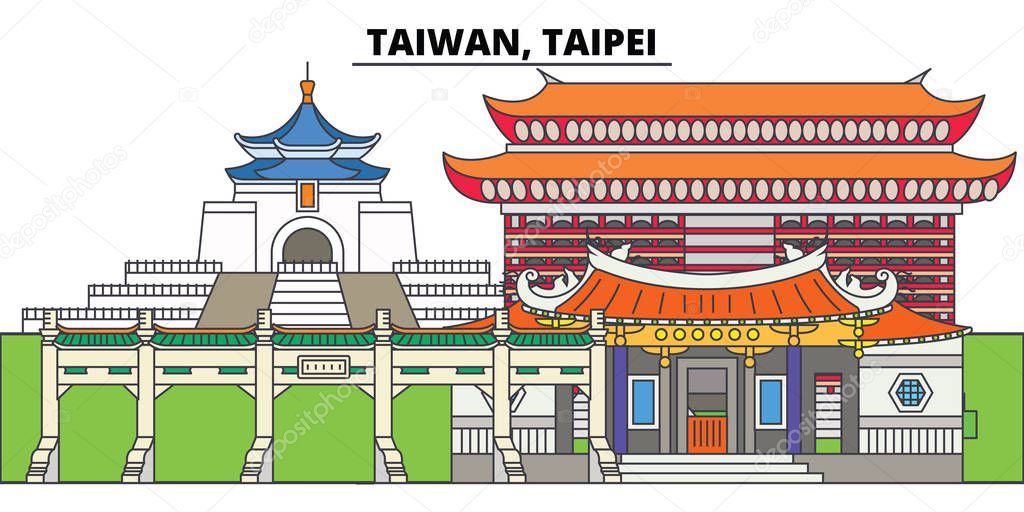 Taiwan, Taipei. City skyline, architecture, buildings, streets, silhouette, landscape, panorama, landmarks. Editable strokes. Flat design line vector illustration concept. Isolated icons