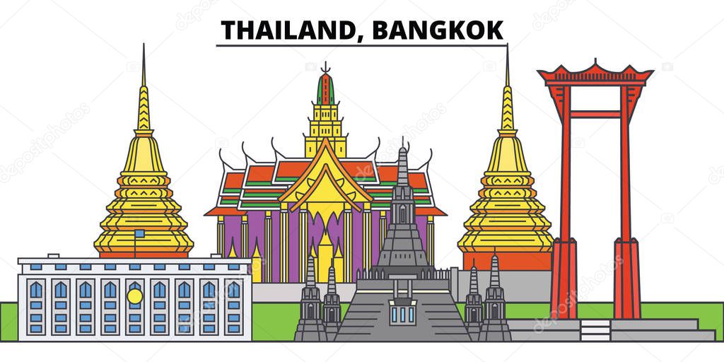 Thailand, Bangkok. City skyline, architecture, buildings, streets, silhouette, landscape, panorama, landmarks. Editable strokes. Flat design line vector illustration concept. Isolated icons