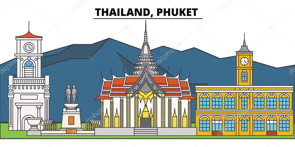 Thailand, Phuket. City skyline, architecture, buildings, streets, silhouette, landscape, panorama, landmarks. Editable strokes. Flat design line vector illustration concept. Isolated icons