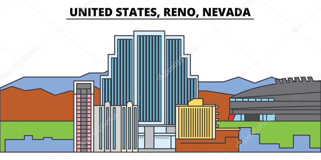 United States, Reno, Nevada. City skyline, architecture, buildings, streets, silhouette, landscape, panorama, landmarks, icons. Editable strokes. Flat design line vector illustration concept