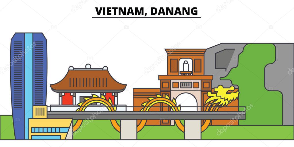 Vietnam, Reno, Danang. City skyline, architecture, buildings, streets, silhouette, landscape, panorama, landmarks, icons. Editable strokes. Flat design line vector illustration concept