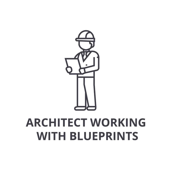 Arquiteto trabalhando com blueprints ícone de linha vetorial, sinal, ilustração em segundo plano, traços editáveis —  Vetores de Stock