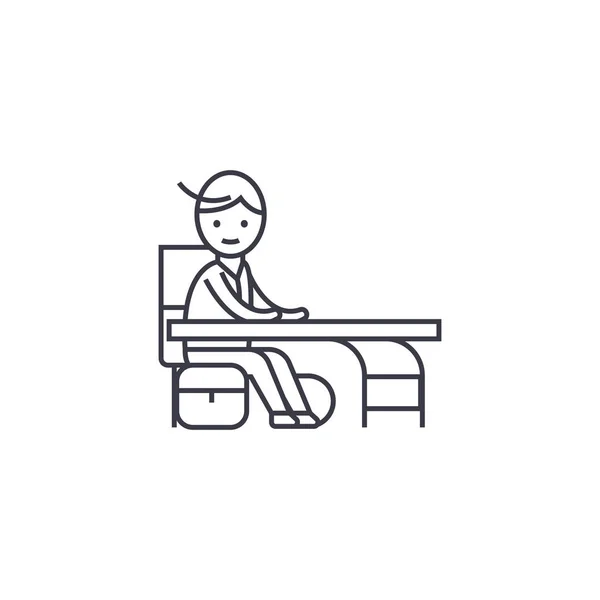 Jongen op een bureau vector lijn pictogram, het teken, de afbeelding op de achtergrond, bewerkbare lijnen — Stockvector