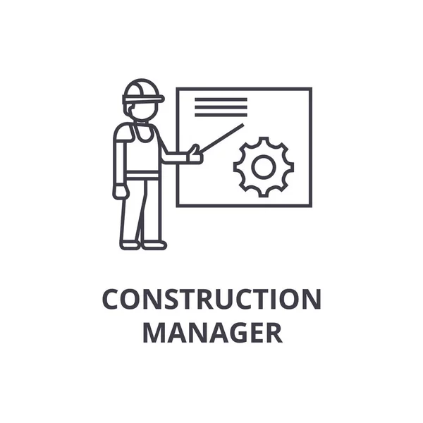 Construction manager vector line icon, segno, illustrazione su sfondo, tratti modificabili — Vettoriale Stock