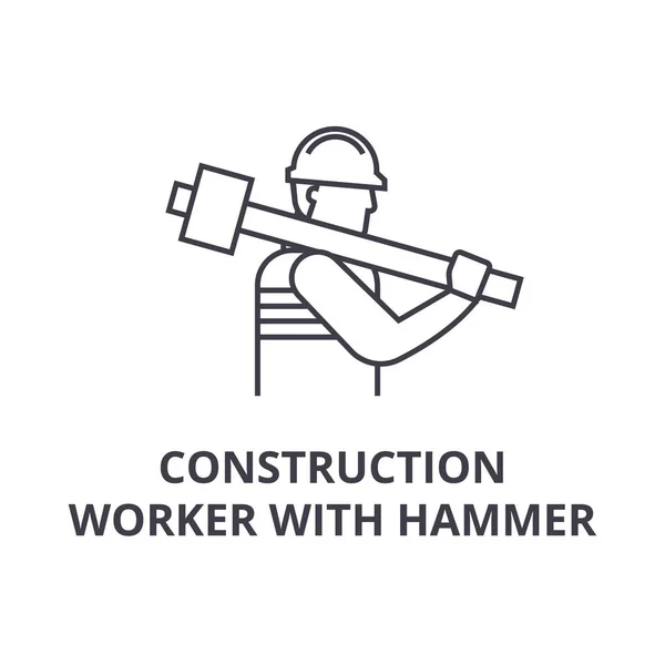 Bauarbeiter mit Hammer-Vektor-Liniensymbol, Schild, Abbildung im Hintergrund, editierbare Striche — Stockvektor