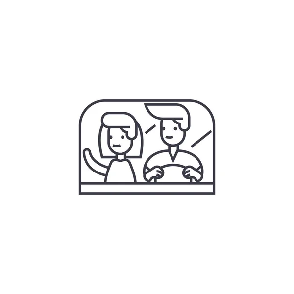 Couple driving away vector line icon, sign, illustration on background, editable strokes — Stock Vector