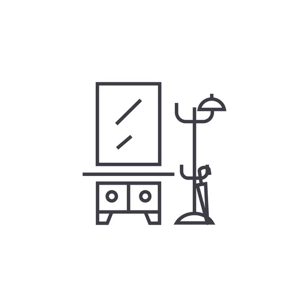 Pasillo, estante de ropa con un icono de línea de vector de espejo, signo, ilustración en el fondo, trazos editables — Vector de stock