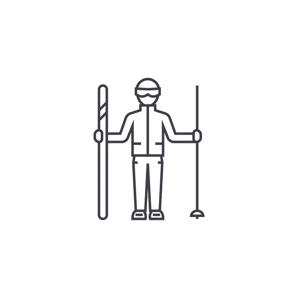 Icona della linea vettoriale dello sciatore di montagna, segno, illustrazione sullo sfondo, tratti modificabili — Vettoriale Stock
