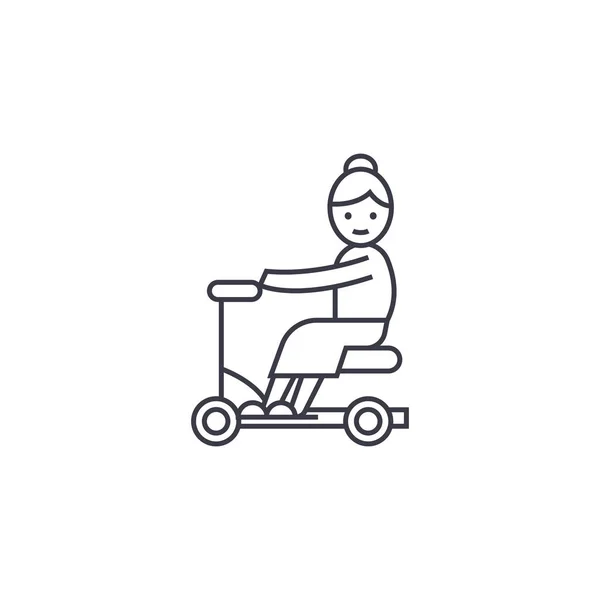 Alte Frau auf Roller Vektor Line Icon, Zeichen, Illustration auf dem Hintergrund, editierbare Striche — Stockvektor