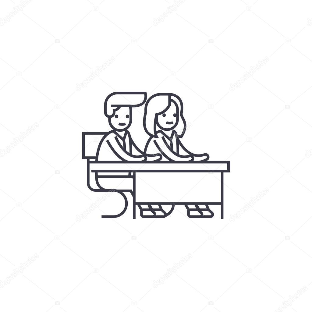 couple students at a desk vector line icon, sign, illustration on background, editable strokes