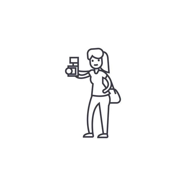 Mujer tomando un icono de línea de vector de imagen, signo, ilustración en el fondo, trazos editables — Archivo Imágenes Vectoriales
