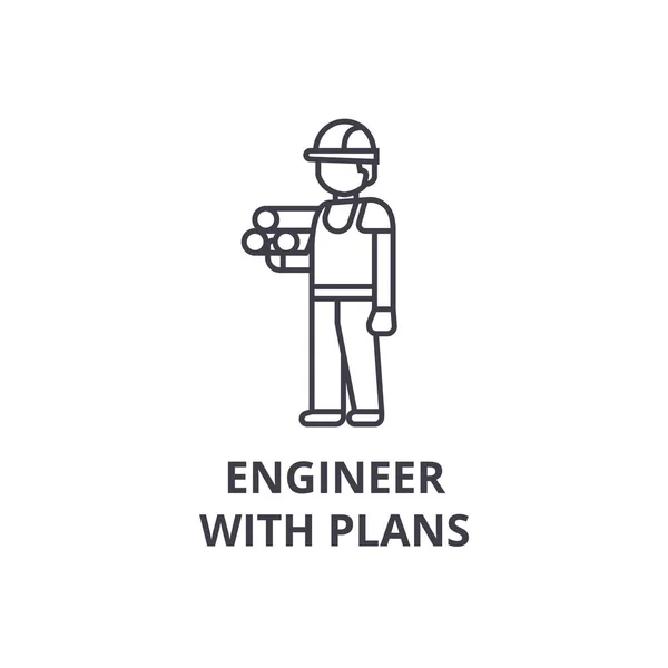 Engenheiro com planos ícone de linha vetorial, sinal, ilustração em segundo plano, traços editáveis —  Vetores de Stock