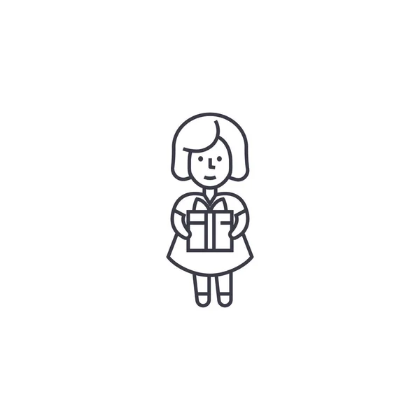 Chica con un icono de línea de vector de regalo, signo, ilustración en el fondo, movimientos editables — Vector de stock