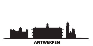 Belçika, Antwerpen şehri silueti izole edilmiş vektör çizimi. Belçika ve Antwerpen siyah şehir manzarası ile seyahat ediyor