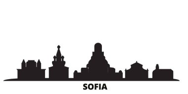 Bulgaristan ve Sofya 'nın ufuk çizgisi izole edilmiş vektör çizimi. Bulgaristan ve Sofya siyah şehir manzarası ile seyahat ediyorlar
