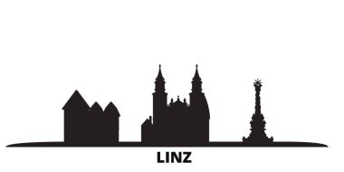 Avusturya, Linz şehrinin silueti izole edilmiş vektör çizimi. Avusturya ve Linz siyah şehir manzarası ile seyahat ediyorlar