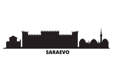 Bosna-Hersek ve Saraevo şehri silueti izole edilmiş vektör çizimi. Bosna-Hersek ve Saraevo siyah şehir manzarasında seyahat ediyorlar