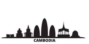 Kamboçya şehrinin silueti izole edilmiş vektör çizimi. Kamboçya 'da siyah şehir manzarası