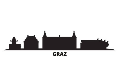 Avusturya, Graz şehrinin silueti izole edilmiş vektör çizimi. Avusturya ve Graz siyah şehir manzarası ile seyahat ediyor