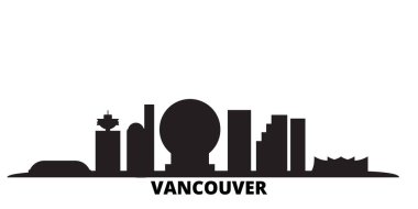 Kanada, Vancouver City silueti izole vektör çizimi. Kanada ve Vancouver Şehri siyah şehir manzarası ile seyahat ediyor