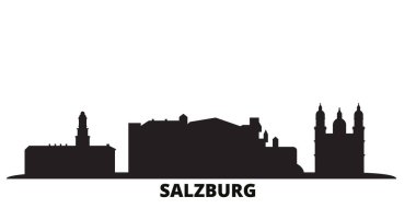 Avusturya, Salzburg şehir silueti izole vektör çizimi. Avusturya ve Salzburg siyah şehir manzarası ile seyahat ediyor