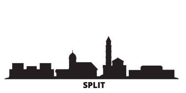 Hırvatistan ve Split kentinin ufuk çizgisi izole edilmiş vektör çizimi. Hırvatistan ve Bölünmüş siyah şehir manzarası geziyor