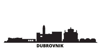 Hırvatistan ve Dubrovnik kentinin ufuk çizgisi izole edilmiş vektör çizimi. Hırvatistan ve Dubrovnik siyah şehir manzarasına seyahat ediyorlar