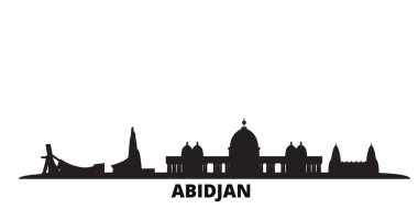 Cote Divoire, Abidjan şehir silueti izole vektör çizimi. Cote Divoire, Abidjan siyah şehir manzarasında seyahat ediyor