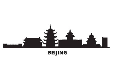 Çin, Pekin şehir silueti izole vektör çizimi. Çin ve Pekin siyah şehir manzarasına seyahat eder